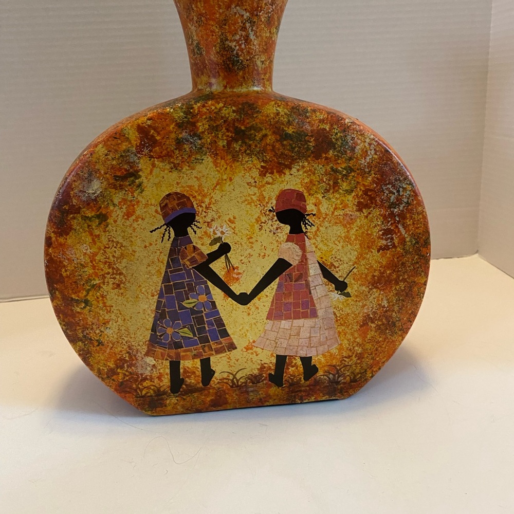 Artistic Ceramic Vase with African Motif - Orange and Brown